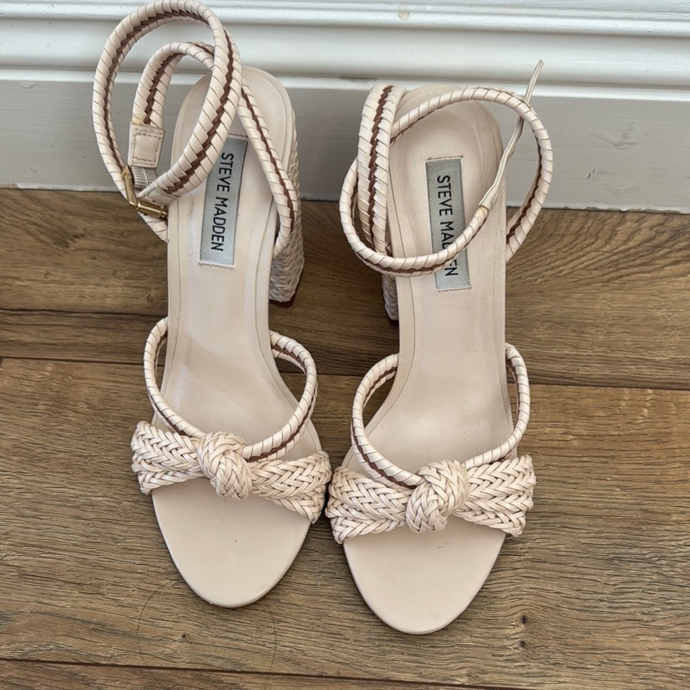 Steve Madden Women's Beige Braided Block Heel Sandals - Picture 2 of 3